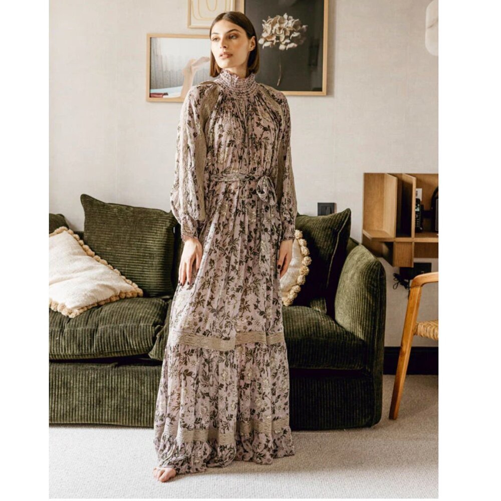 Miss June Paris Adele Maxi Dress Womens OS S M L Pink Tan Long Sleeve Floral
